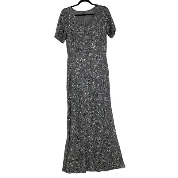 Alex Evenings Womens 10 Gray Sequin Embellished Maxi Dress Elbow Sleeve OS15-10 - Picture 6 of 10